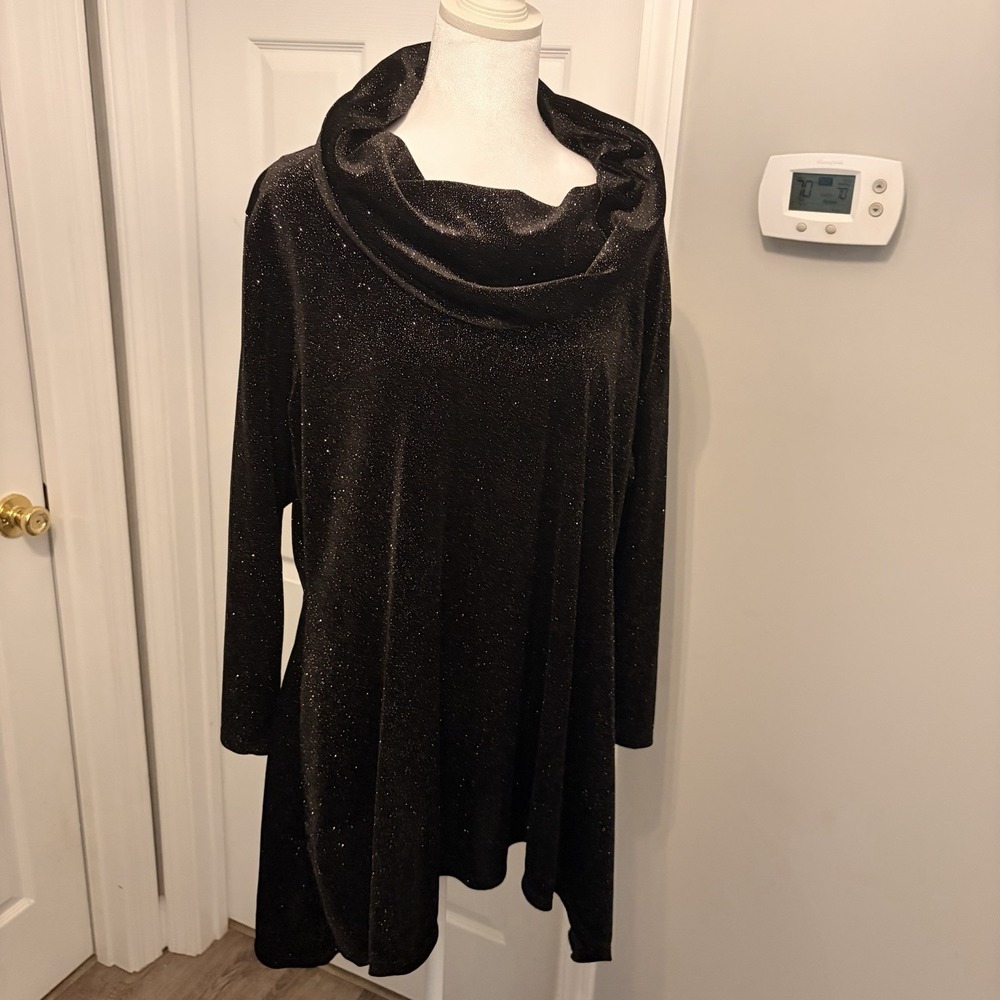 Slim Factor‎ by Investments Black Sparkle Cowl Neck Tunic XL Sparkly Tinsel EUC